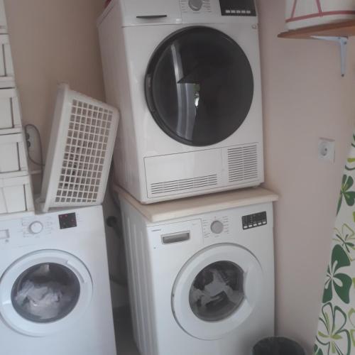 a microwave and a washing machine in a laundry room at Apartman "Dom Stankovića" in Pirot