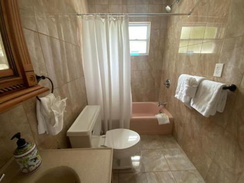 a bathroom with a pink toilet and a shower at Lido Sunshine L, Steps to Lido Beach in Sarasota