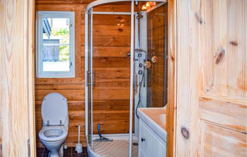 a bathroom with a toilet and a shower and a sink at Amazing Home In Kongsberg With House A Panoramic View in Kongsberg
