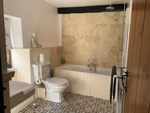 a bathroom with a toilet and a tub and a sink at 6 Bedroom Farm House with 12 Beds in Weldon in Weldon