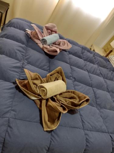 a blue quilt with two towels and a rolled up towel at Angeles del Limay in Cipolletti