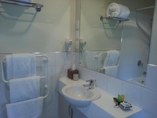 un bagno bianco con lavandino e specchio di Cedar Grove Motor Lodge a Nelson