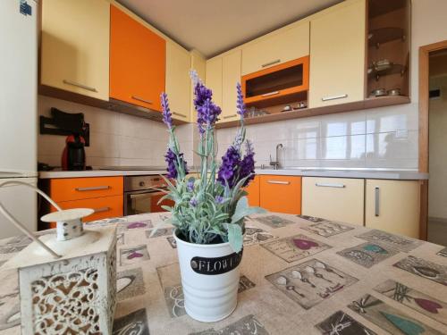 una cucina con un vaso e fiori viola su un tavolo di Danube Park a Ruse