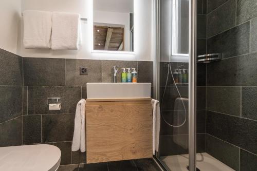 e bagno con servizi igienici, lavandino e doccia. di Apartment in Chalet Pizzo Fiamma a Zermatt