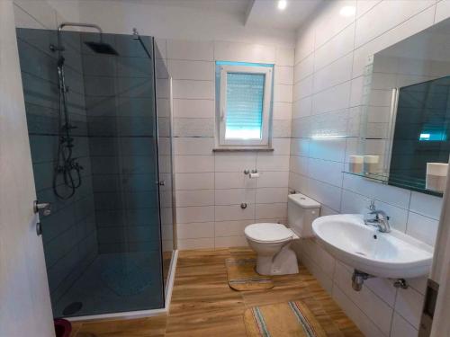 ein Bad mit einer Dusche, einem WC und einem Waschbecken in der Unterkunft Apartments in Lopar - Insel Rab 26467 in Lopar