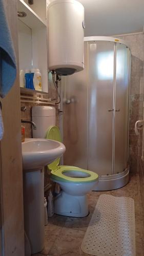 ein Bad mit einem WC, einem Waschbecken und einer Dusche in der Unterkunft Vikendica Tisa - Raj na reci in Zrenjanin