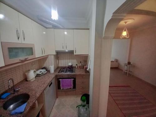 uma cozinha com um lavatório e uma bancada em Lovely 3-bedroom condo with a great street! em Istambul