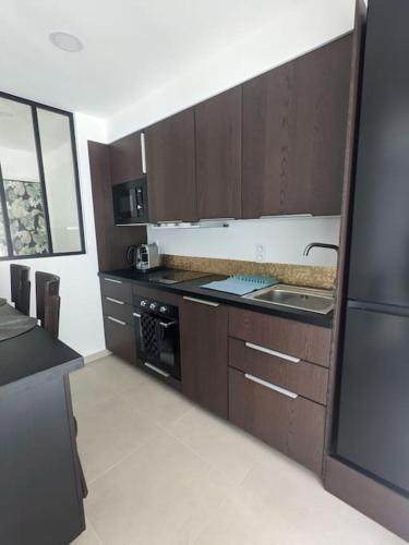 - une cuisine avec des placards en bois et des appareils noirs dans l'établissement Bel appartement gare/centre-ville de Grenoble, à Grenoble