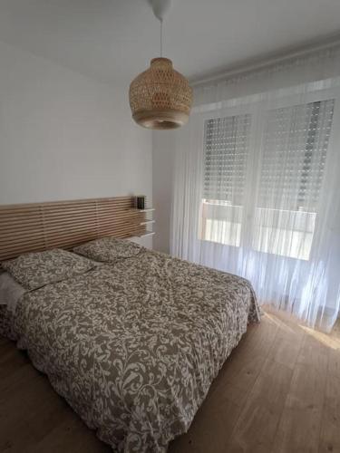 une chambre avec un lit et un lustre dans l'établissement Bel appartement gare/centre-ville de Grenoble, à Grenoble