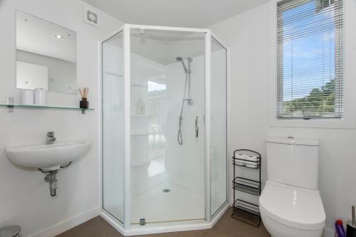 a bathroom with a shower and a toilet and a sink at Paroa Bay Chalets - Te Whare Kereru in Russell