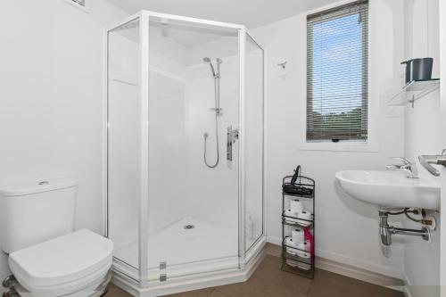 a bathroom with a shower and a toilet and a sink at Paroa Bay Chalets - Te Whare Tui in Russell