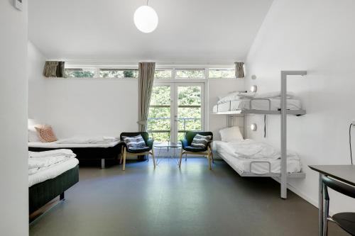 Danhostel Hillerød في هيليرود: غرفة بسريرين بطابقين وكرسيين