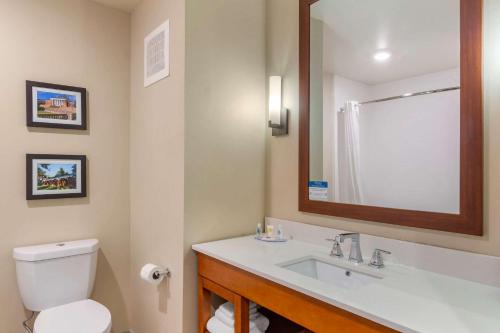 a bathroom with a toilet and a sink and a mirror at Comfort Inn & Suites in Charlottesville