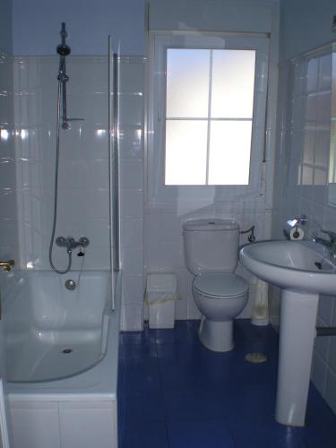 a bathroom with a toilet and a shower and a sink at BAÑUGUES TURISMO S.L. in Bañugues