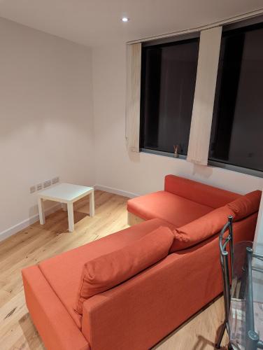 a living room with a red couch and a table at Modern 1 bedroom City- Apartment Central stylish living in Croydon