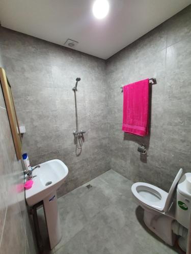 Aït bou OualalにあるBelle Vue Dadesのバスルーム(トイレ、シンク、ピンクのタオル付)