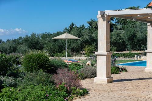 a patio with an umbrella and a swimming pool at Villa Luni in  Episkopi (Chania)
