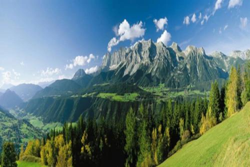 a view of a green valley with mountains in the background at Sunrise Apartment in Schladming