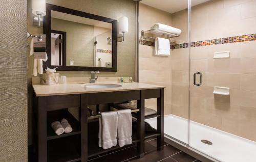 a bathroom with a sink and a shower at Crowne Plaza Shenandoah - The Woodlands in The Woodlands