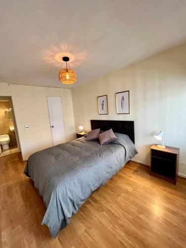 Un dormitorio con una cama grande en una habitación. en Central y cómodo Depto en Providencia, en Santiago