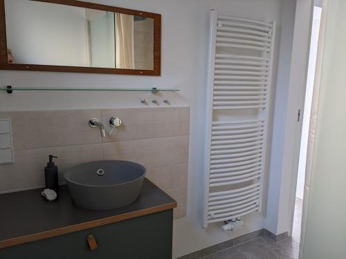 a bathroom with a sink and a mirror at Spatzennest und Rabennest in Sugenheim