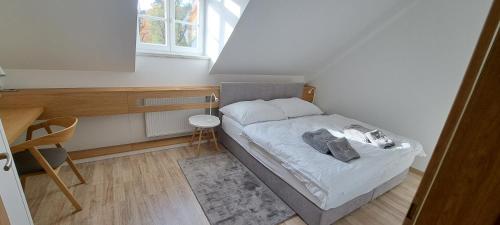 a small bedroom with a bed and a window at Hubertus Karlova Studánka in Karlova Studánka