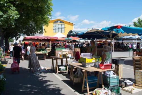a group of people walking around an outdoor market at Grand appartement 2 chambres 5 pers max, vue panoramique avec parking in Mulhouse