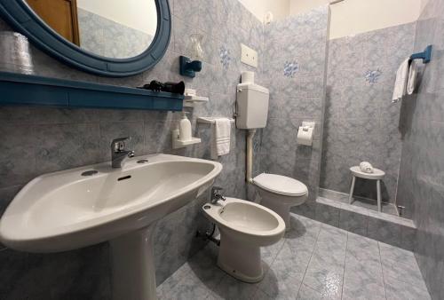 a bathroom with a sink and a toilet and a mirror at Hotel Giardino in Pieve di Cadore