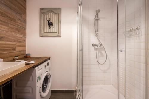 a bathroom with a shower and a washing machine at King Care Apartment with A/C in Budapest