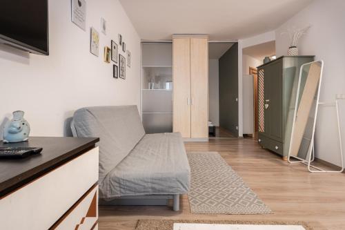 ein Wohnzimmer mit einem Sofa und einem Kühlschrank in der Unterkunft King Care Apartment with A/C in Budapest