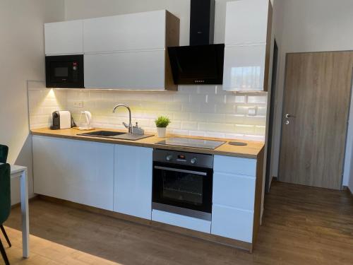 cocina con armarios blancos, fregadero y fogones en Frýdecká Apartments en Ostrava