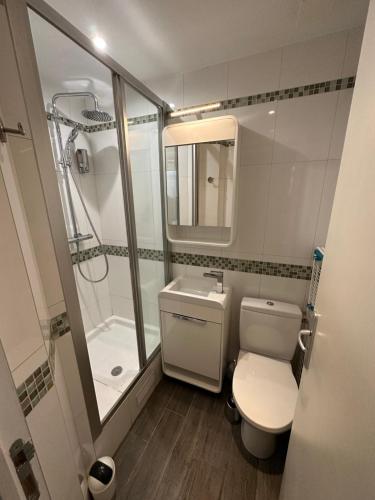 巴黎的住宿－比阿特麗斯愛穆爾姆布利艾菲爾公寓，浴室配有卫生间、盥洗盆和淋浴。