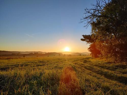 a field with the sun setting in the horizon at Penzion U Švarců in Zduchovice