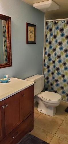 a bathroom with a toilet and a shower curtain at Sea Club Condo #6 in Clearwater Beach
