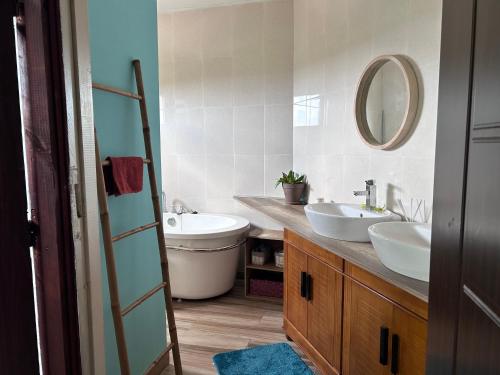 ein Badezimmer mit 2 Waschbecken und einem Spiegel in der Unterkunft T3 moderne au cœur du village in Ouangani