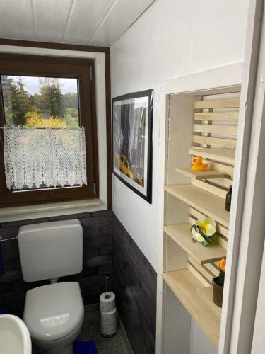 a small bathroom with a toilet and a window at Roomfortwo Natural in Waldsolms