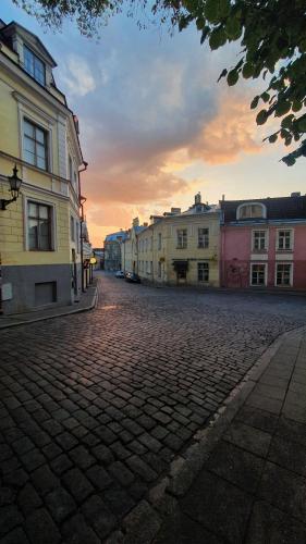 a cobblestone street in a city with buildings at Imaginary Hostel in Tallinn