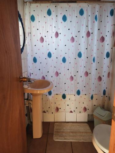 a bathroom with a sink and a shower curtain at Cabañas Aloha-ki in El Quisco