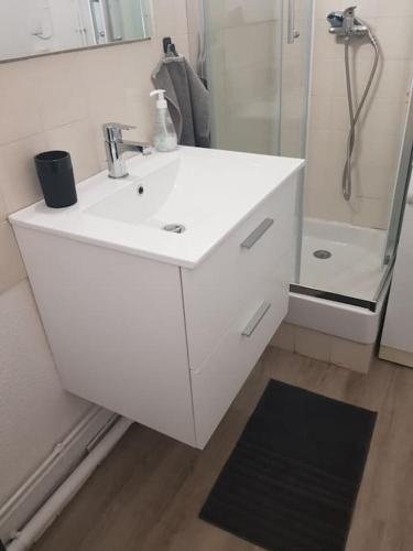 une salle de bain blanche avec un lavabo et une douche dans l'établissement MARSEILLAN-PLAGE Appartement Coeur de sable, à Marseillan
