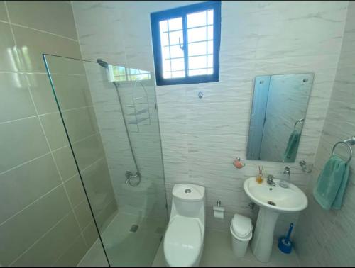 a bathroom with a shower and a toilet and a sink at Beautiful Cozy Los Jardines Santiago, 2 Floor in Santiago de los Caballeros