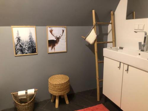 een badkamer met een wastafel, een toilet en een spiegel bij Przystanek Klimczok in Szczyrk