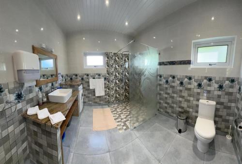 a bathroom with a shower and a toilet and a sink at Coco De Mer Villa in Mahe
