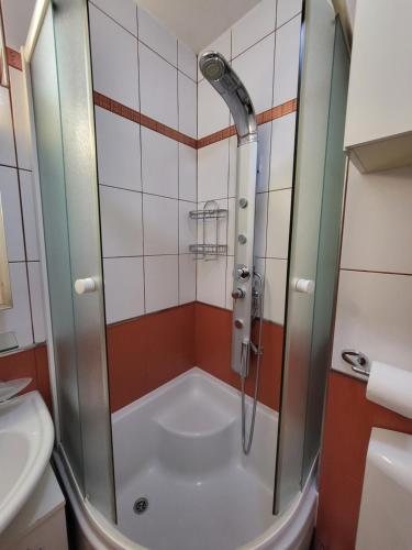 a shower with a glass door in a bathroom at Apartment Kantrida-Near the Beach in Rijeka
