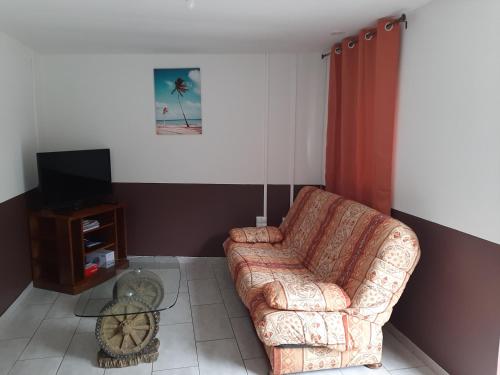 a living room with a couch and a tv at Pomme de Pin in Cilaos