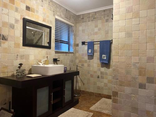 uma casa de banho com um lavatório e um espelho em The Cottage em Somerset West