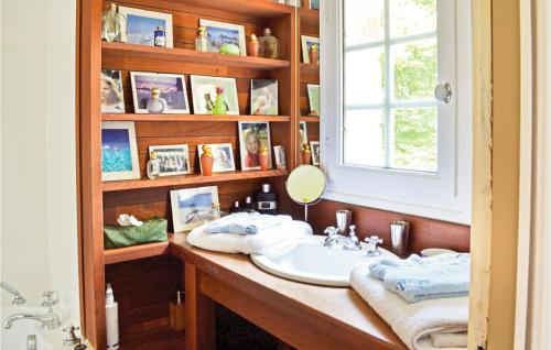 een badkamer met een wastafel en een plank met foto's bij Stunning Home In Ascain With 5 Bedrooms, Wifi And Private Swimming Pool in Ascain