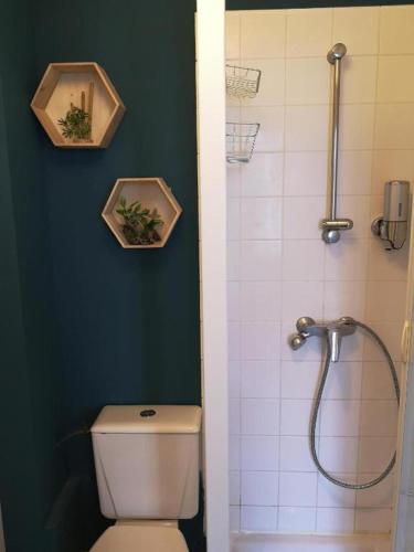 une salle de bain avec douche et toilettes et une douche dans l'établissement Orleans Studio - Near Train Station - Free Parking, à Orléans
