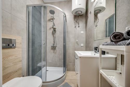 a bathroom with a shower and a toilet and a sink at Central Platinum Apartments 22 in Rybnik
