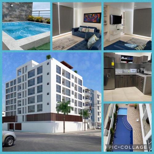 a collage of pictures of a building with a pool at Alquilo hermoso departamento en Salinas, Ecuador in Salinas