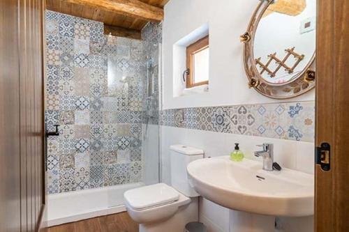 ein Bad mit einem Waschbecken, einem WC und einer Dusche in der Unterkunft House of the Ribera - Quintana del Puente in Quintana del Puente